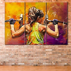 May include: A colorful abstract painting of a person doing a pull-up exercise. The painting is split into three sections, with the person's body in the center and the background in the left and right sections. The background is a mix of yellow, orange, purple, and blue.