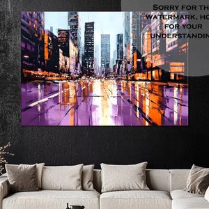City Abstract Painting - Orange & Purple City Street Art, Modern Home Decor, Urban Wall Art, Colorful Canvas, Unique Living Room Accent