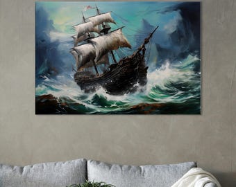 Pintura em tela de navio pirata tempestuoso: arte de parede em caverna de homem náutico