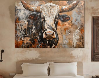 Longhorn Kuh Leinwanddruck: Rustikale Bauernhaus Wandkunst