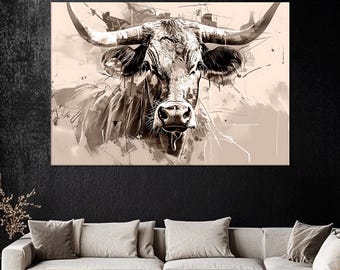 Longhorn Kuh Leinwanddruck: Moderne Bauernhaus-Wandkunst