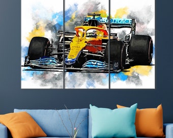 Könnte beinhalten: Ein gelber und blauer Formel-1-Rennwagen mit der Nummer 16 an der Seite, im Aquarell-Stil gemalt.