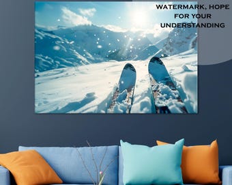 Impresión en lienzo de esquís de montaña: Arte mural de chalet invernal