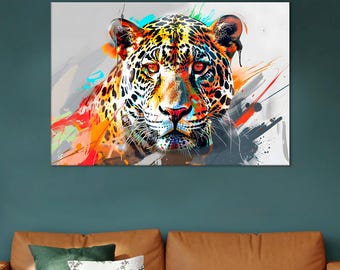 Colorful Jaguar Canvas Art: Modern Jungle Wall Hanging