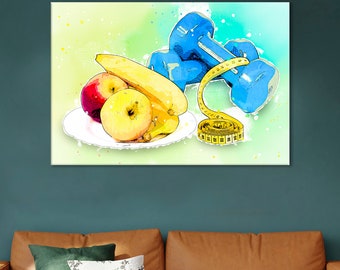 Diät Motivationsleinwandbild: Hantel & Obst Print