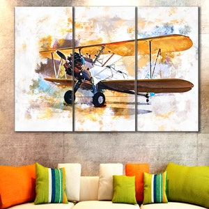 Biplane Canvas, Boeing Stearman E75 Wall Art, Aviation print, Airplane Room Decor, Vintage Plane Print, Old Plane Poster, Aviation Wall Art