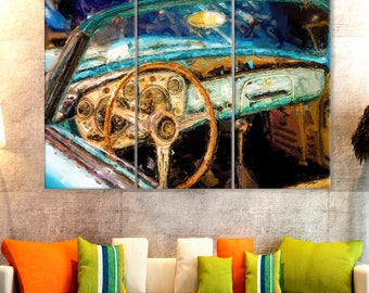 May include: A close-up of a vintage car's interior, featuring a wooden steering wheel, a blue dashboard, and a worn leather seat. The image is painted in a textured style, giving it a vintage feel.