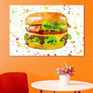 Burger Canvas Print, Kitchen Room Decor, Restaurant Wall Art, Cafe Wall Decor, Burger Poster, Burger Artwork,Fast Food Decor,Hamburger Print