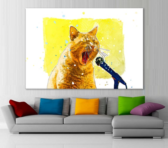Singing Cat Canvas Print, Funny Cat Wall Art, Cute Cat Kids Room Decor,  Animals House Decor, Ginger Cat Home Decor, Cat Digital Painting 