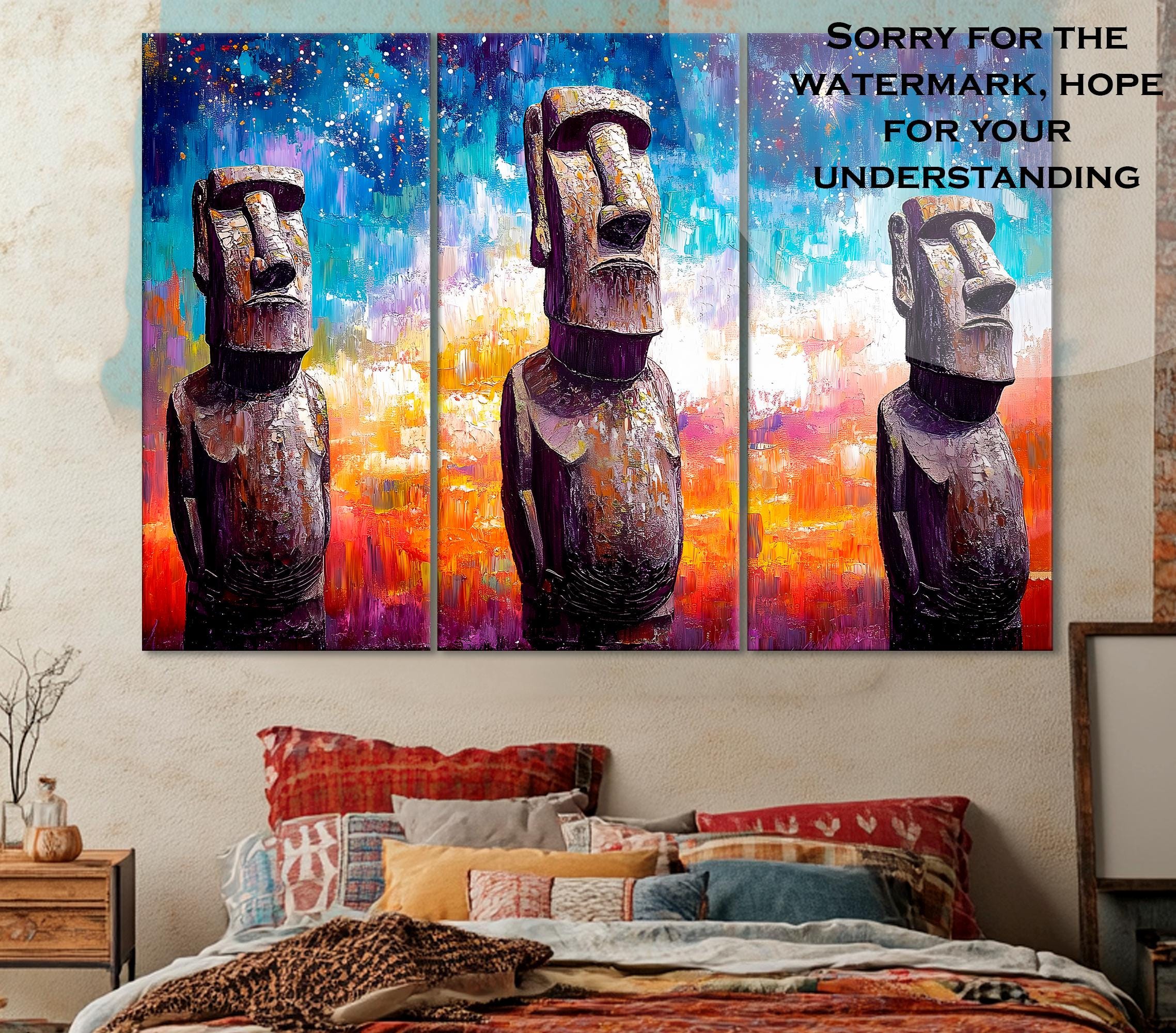 Easter Island Stone Statue Painting - Moai Wall Art, Mysterious Rapa Nui Decor, Ancient Civilization Canvas, Tribal Pacific Island Artwork