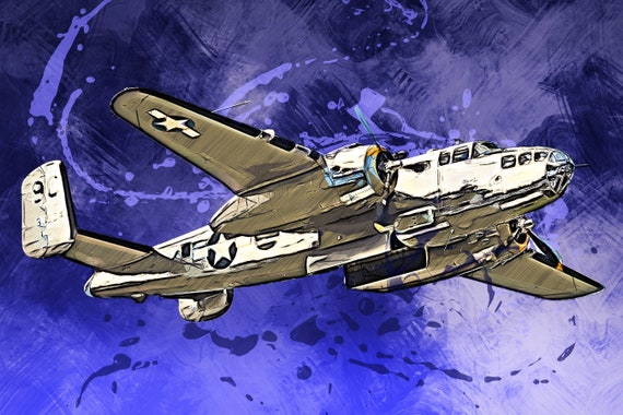 Canvas North American B-25 and P51 Mustang Military Aircraft Art print POSTER 