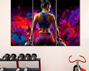 Abstracte vrouwelijke kettlebell-kunstprint: fitnessmotivatie, muurkunst sportschool