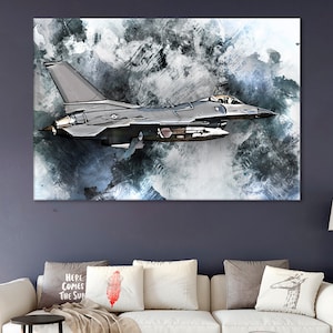 Toile General Dynamics F-16 Fighting Falcon, décoration murale F-16, affiche F-16, cadeau pilote, toile plusieurs tailles enveloppée, toile sur cadre en bois