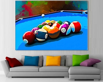 Op de afbeelding: Een kleurrijk abstract schilderij van een biljarttafel met een groep biljartballen in verschillende kleuren en nummers.