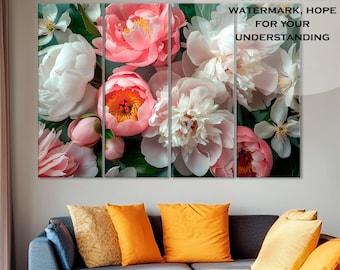 Canvas muurkunst pioenroos: pastelkleurige botanische print, klaar om op te hangen
