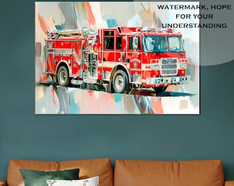 May include: A red fire engine with a white ladder and a white stripe on the side. The engine is painted with a watercolour effect and is set against a colourful background.