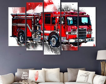 May include: A red fire engine with white accents and black tyres is depicted in a multi-panel canvas art print. The engine is painted in a stylised, almost cartoonish style, with bold lines and bright colours. The background is a white canvas with splashes of red and black paint.