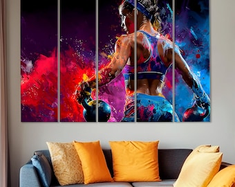 Abstracte vrouwelijke kettlebell-kunstprint: fitnessmotivatie, muurkunst sportschool