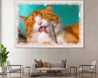Funny Cat Licking Paw Canvas Print, Kids Room Decor