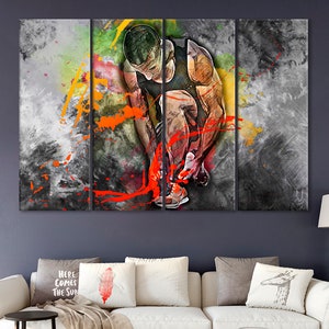 Puede incluir: Una impresi&oacute;n en lienzo de varios paneles que presenta una pintura abstracta de una persona en posici&oacute;n de salida, con salpicaduras de pintura roja y naranja. El fondo es un dise&ntilde;o abstracto gris y blanco.
