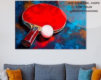 May include: A red and black ping pong paddle with a white ball on a blue and red abstract background.