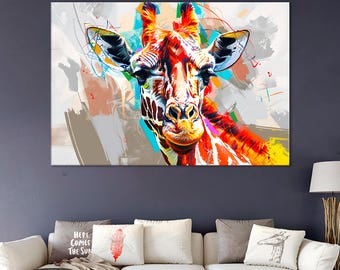 Impresión abstracta en lienzo de jirafa: arte mural colorido de animales