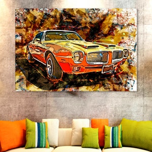 Pontiac Firebird Canvas, Yellow Pontiac Firebird Wall Decor, Retro Car Print, Classic Car Room Decor, Orange Pontiac Firebird Artwork