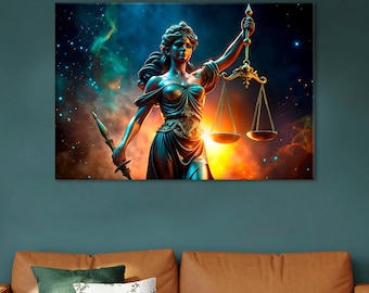 Op de afbeelding: Een bronzen beeld van een vrouw die een weegschaal en een zwaard vasthoudt, staand tegen een kosmische achtergrond met sterren en nevels. De vrouw draagt een vloeiende jurk en een kroon. De weegschaal is in evenwicht en het zwaard wijst omhoog.