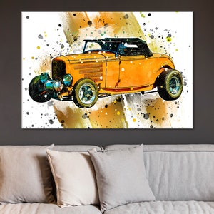 Yellow Hot Rod Print, Hot Rod Canvas, Hot Rod Poster, Vintage Car Wall Art, Retro Car Room Decor, Hot Rod Artwork, Vintage Car Canvas