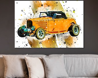 Yellow Hot Rod Canvas Print: Vintage Car Wall Art