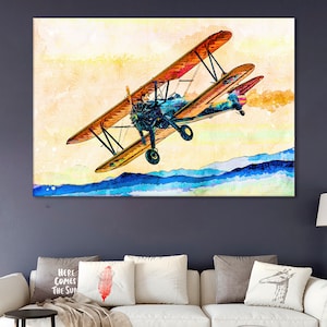 Biplane Canvas, Boeing Stearman E75 Wall Art, Aviation print, Airplane Room Decor, Vintage Plane Print, Old Plane Poster, Aviation Wall Art
