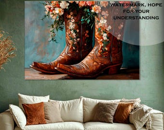 Floral Cowboy Boots Canvas Print: Rustic Western Wall Art