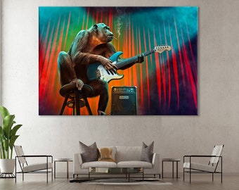 Chimpanzee Guitarist Canvas Print, Monkey Musician Wall Art