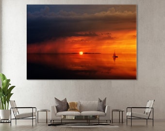 Sunset Ocean Wall Decor, Skyline Canvas Print, Sea Poster, Calm Photo