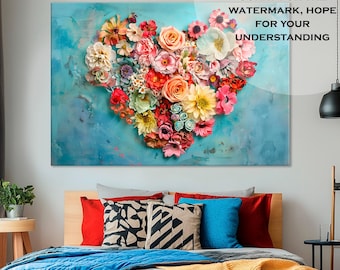 Floral Heart Canvas Art: Boho Flower Arrangement Print, Ready to Hang