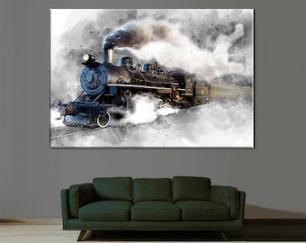 Train Wall Art, Steam Locomotiv Canvas, Vintage Steam Train Poster, Room Wall Decor, locomotive Wall Art, Old Fashioned Train Painting