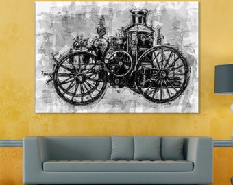 May include: Monochrome artwork of a vintage steam engine. The image shows the engine's detailed components, such as large spoked wheels, a central boiler, and various pipes and gauges. The artwork is displayed on a canvas.