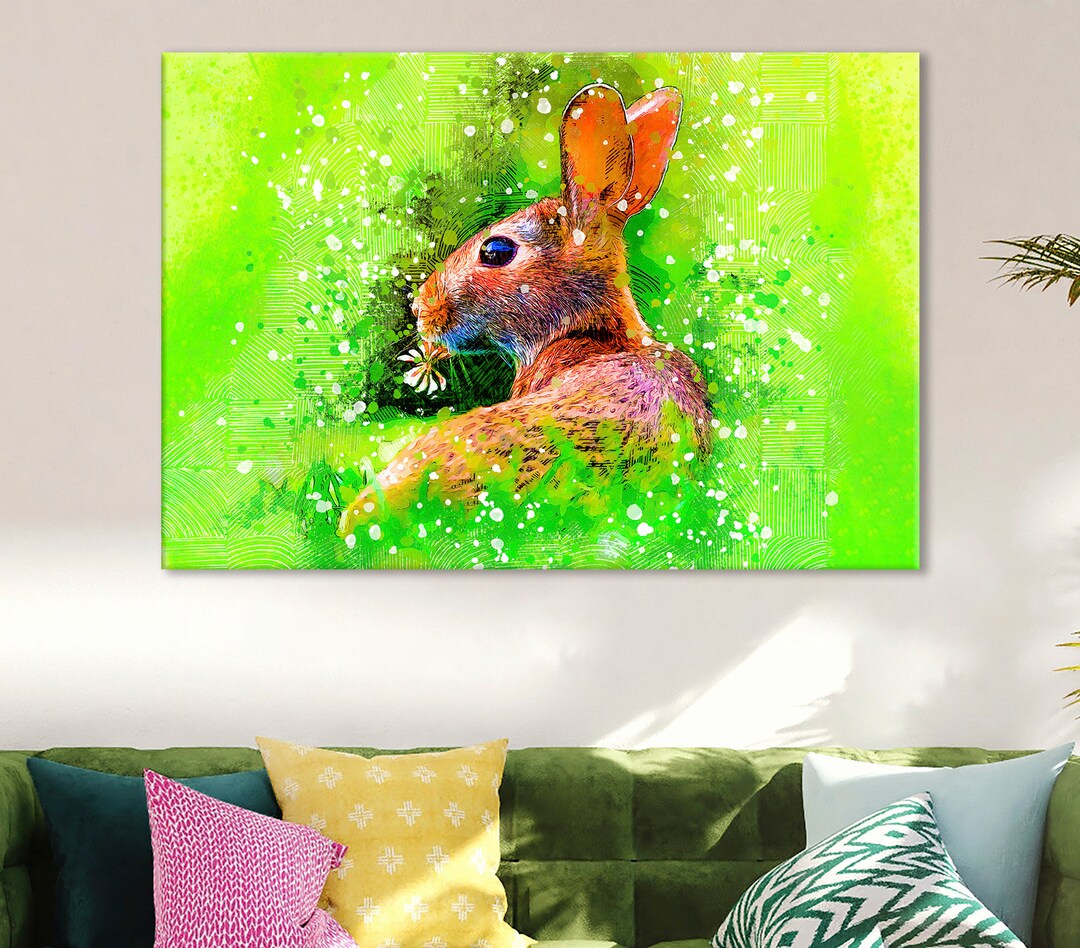Rabbit Canvas Art, Cute Bunny Wall Decor, Animals Poster, Meadow Print ...