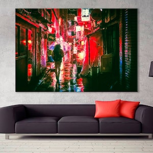Osaka Canvas, Asia Digital Painting Room Decor, Japan Print, Night Asia Decor, Osaka Print, Ready to Hang, Rain on the Night Street