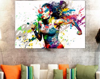 Puede incluir: Pintura abstracta de una persona corriendo con salpicaduras de pintura coloridas sobre un fondo blanco.