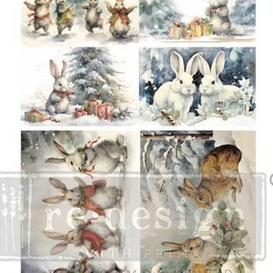 May include: A set of 8 Christmas themed decoupage paper featuring bunnies and winter scenes. The paper is 11.7 inches by 16.5 inches.