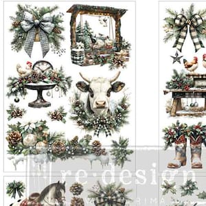 May include: A set of decorative transfer decals labeled Hue Harmony and re-design with illustrations of farm animals, including cows, horses, and roosters, alongside winter greenery, pinecones, plaid bows, a tractor, and a wagon wheel, measuring 8.5 by 11 inches.