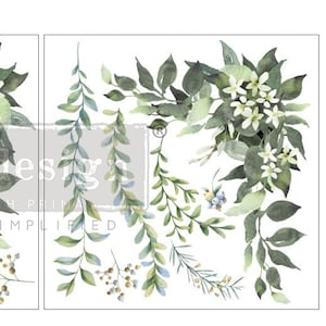 May include: Two sheets of 12x12 inch watercolor floral decals with green leaves and white flowers. The decals are perfect for adding a touch of nature to any project.