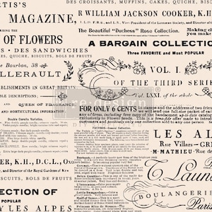 May include: Black and white vintage advertisement for a botanical magazine, featuring a collection of flowers, a bargain collection of the third series, and a bakery called "Launay & C".