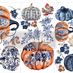 May include: A sheet of decorative fall-themed decals featuring pumpkins and floral designs. The pumpkins are orange with blue and white floral patterns. The sheet measures 12 inches (30.4 cm) by 6 inches (15.2 cm).