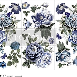 May include: A sheet of blue floral decoupage paper with a variety of blue flowers, leaves, and butterflies. The paper measures 12 inches by 6 inches.