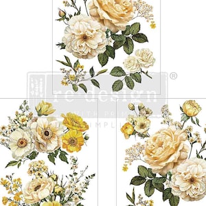 May include: Three sheets of decorative transfer decals featuring a floral design with yellow and white flowers. The decals are 8.5 inches by 11 inches.