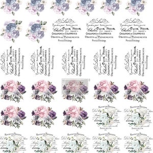 May include: A digital paper pack with 20 different designs featuring floral bouquets, vintage labels, and text in French. The designs are in shades of pink, purple, and blue.