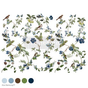 May include: A white background features a floral design with blue flowers, green leaves, and brown birds. The design includes the text "Hue Harmony" and a color palette of blue, brown, and green.