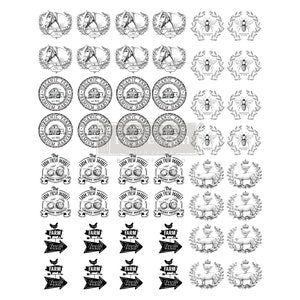 May include: A sheet of black and white farm-themed stickers. Designs include horse heads, bees, farm seals, apple illustrations, pig illustrations, and arrows with the words "Farm Fresh".